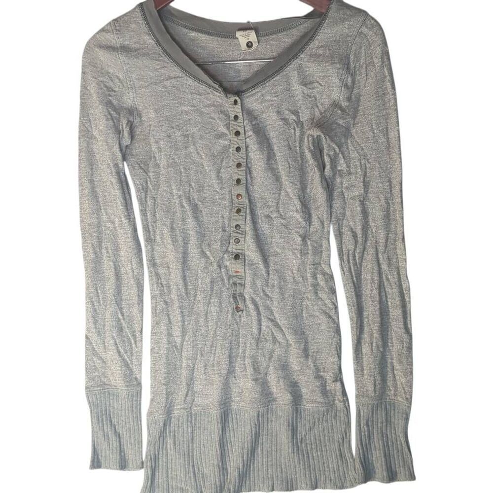 Free People Heathered Gray Henley Ribbed Cuff 100% Cotton S Small
